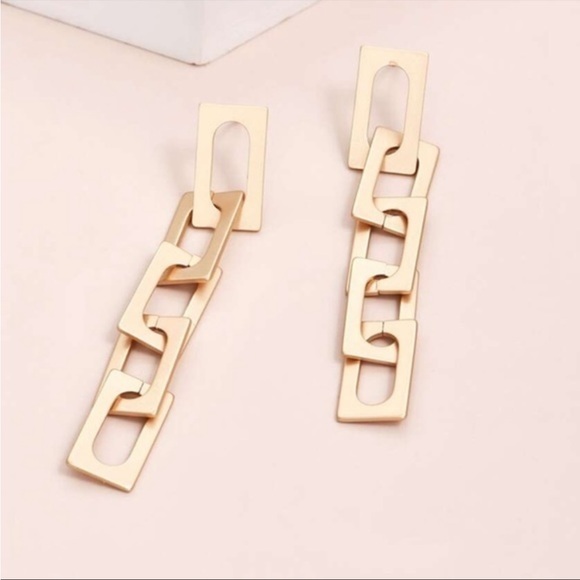 Gold Geo Link Zipper Drop Dangle Earrings - Picture 3 of 4